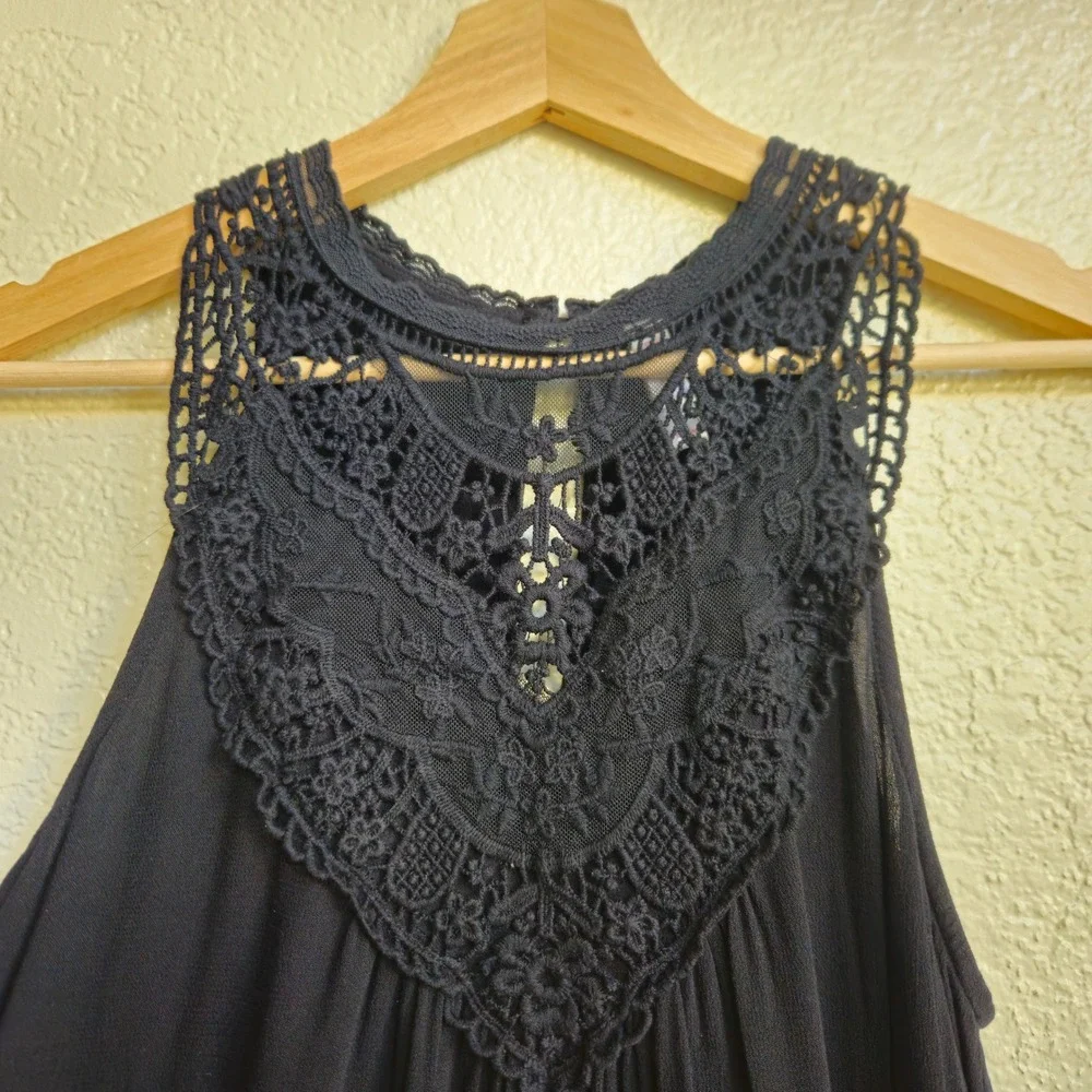 Black Sleeveless Shift Dress Crochet Lace Bib Small Boho Dark Fairy Whimsigoth